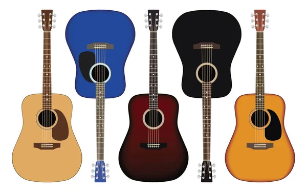 Conjunto de guitarras acústicas en diferentes colores. Ilustración vectorial . — Archivo Imágenes Vectoriales