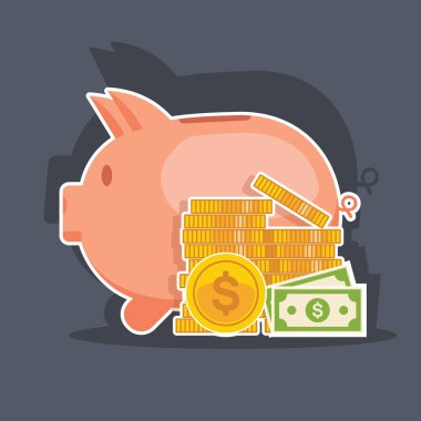 Kumbara ve para kulesi. Düz vektör çizim.