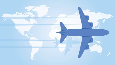 Dünya Haritası üzerinde uçan bir uçak. Vektör çizim.