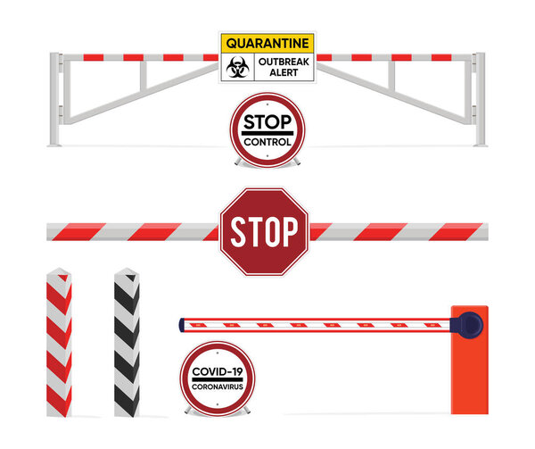 Sign of quarantine. Closed the barrier. The prevention of the epidemic quarantine. Coronavirus disease. COVID-2019 alert sign. Vector illustration.