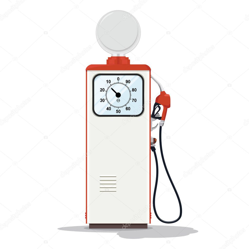 Gasoline pump retro design. Retro fuel dispenser on white background. Gas station with petrol pump. Vector illustration.