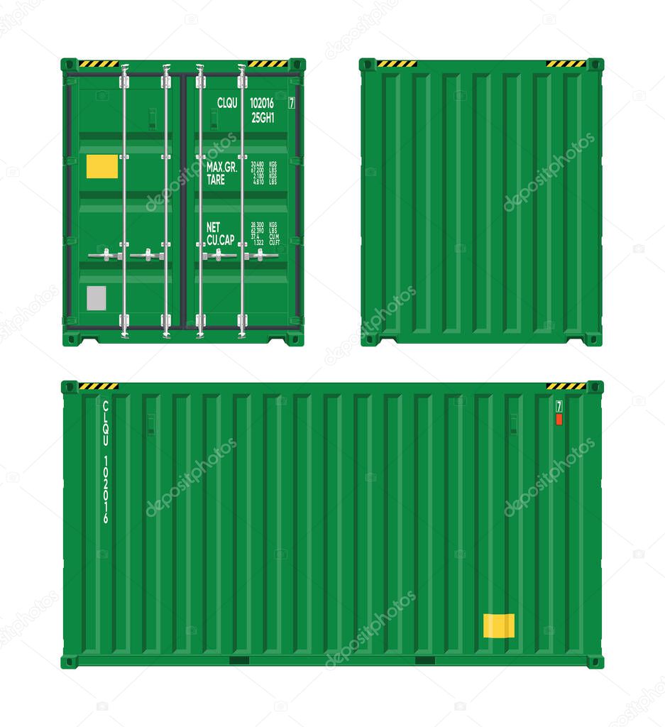 Green shipping cargo container for logistics and transportation Isolated on white background. Front, side back view. Vector Illustration.