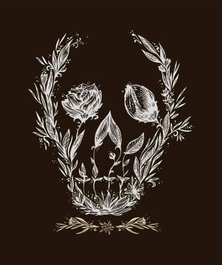 Çiçeklerle çizilmiş kafatasının vektör çizimi.