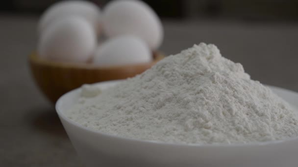 Camera Moves Focus Flour White Eggs — Stock Video