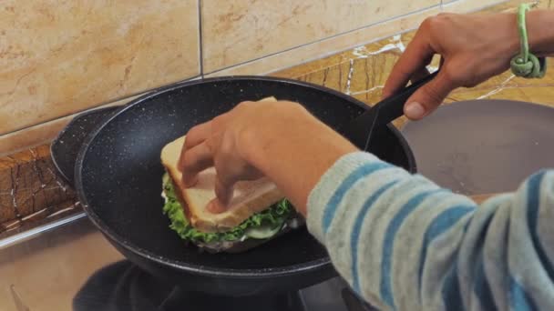 Meisje Maakt Een Veganistische Toast Met Tomatensalade Kaas Een Pan — Stockvideo