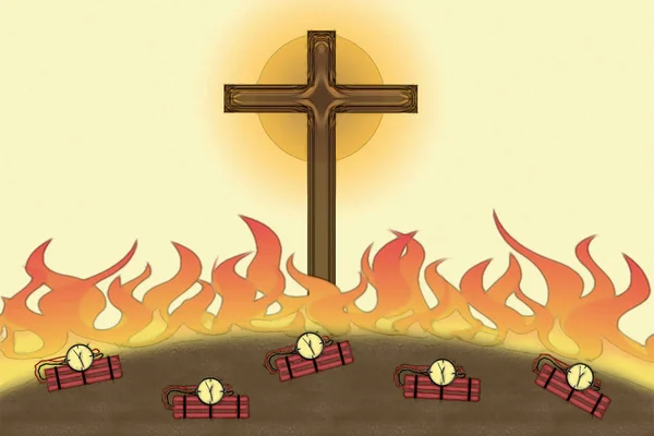 Angriff auf das Christentum Flammen und Bomben christliches Kreuz — Stockfoto