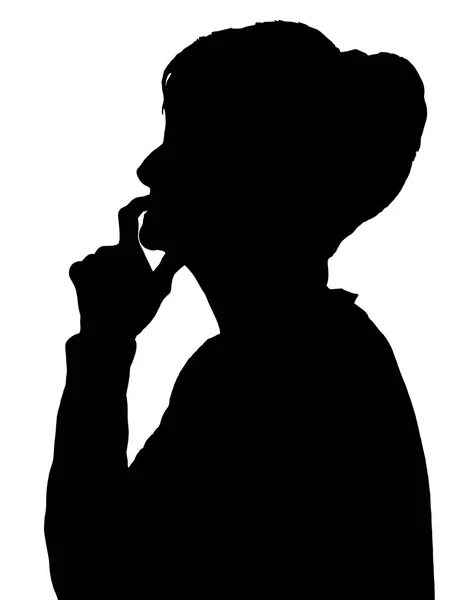 Açık profil portre siluet yaşlı bayan parmak dudaklarında — Stok Vektör