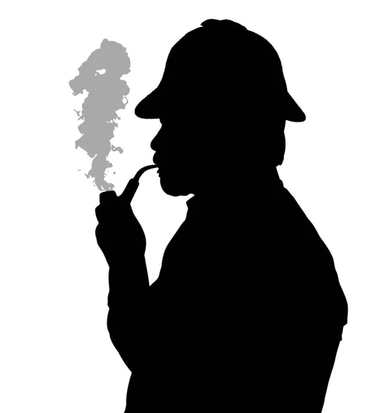 Silhouette of bearded man smoking pipe with Sherlock hat thinkin — Stock Vector