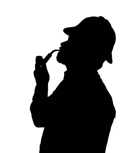 Silhouette di uomo barbuto fumare pipa con cappello Sherlock cercando — Vettoriale Stock