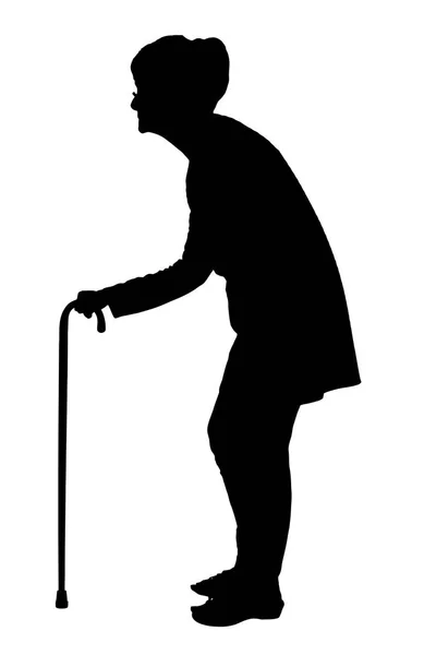 Silueta de anciana con espalda doblada caminando con bastón — Archivo Imágenes Vectoriales