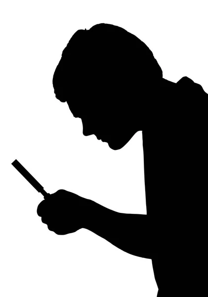 Silhouette of teenage boy investigating with a magnifying glass — Stock Vector
