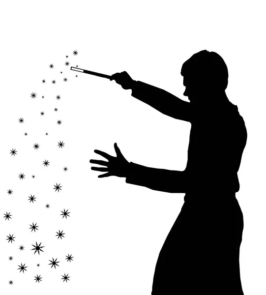 Silhouette of teenage boy wizard creating magic — Stock Vector