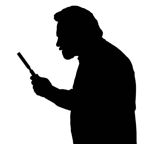 Silhouette dell'uomo barbuto che indaga con una lente d'ingrandimento — Vettoriale Stock