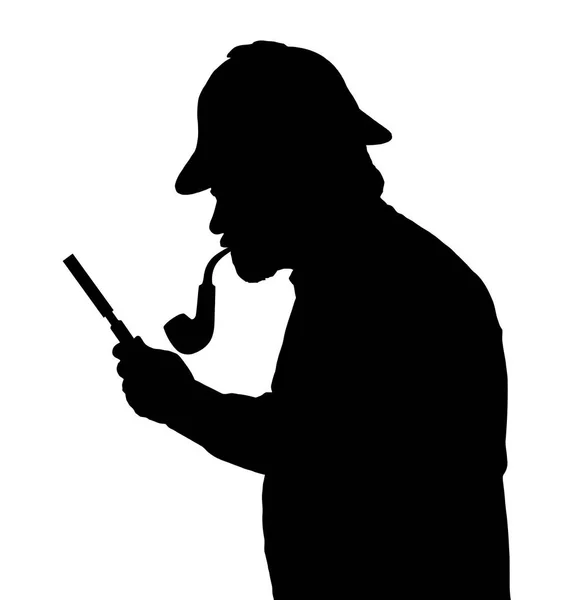 Silhouette dell'uomo barbuto che indaga con una lente d'ingrandimento — Vettoriale Stock