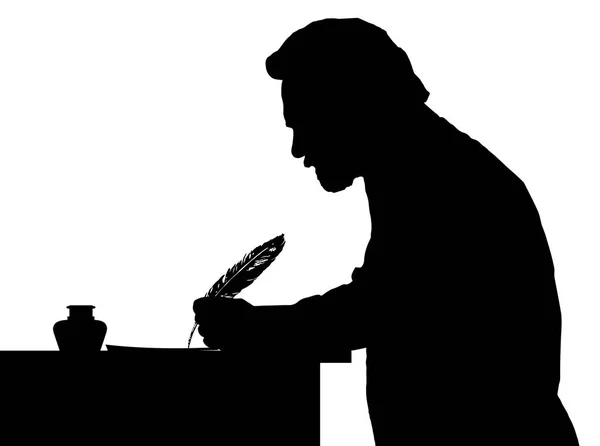 Vintage silhouet van bebaarde man schrijven met veer aan tafel — Stockvector