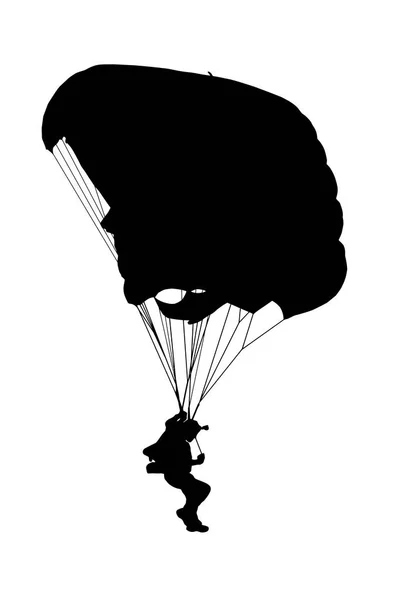 Side profile silhouette of sky diver with open parachute — Stock Vector