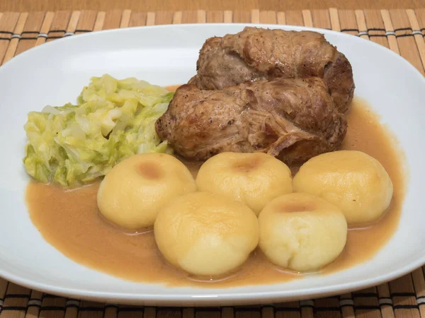 Silesian Dumplings Pork Roulade Cabbage Roast Sauce — Stock Photo, Image