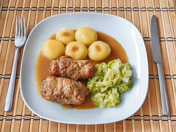 Silesian Dumplings Pork Roulade Cabbage Roast Sauce — Stock Photo, Image