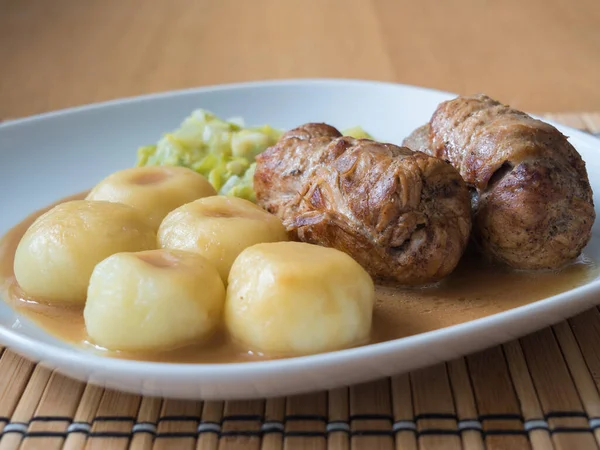 Silesian Dumplings Pork Roulade Cabbage Roast Sauce — Stock Photo, Image