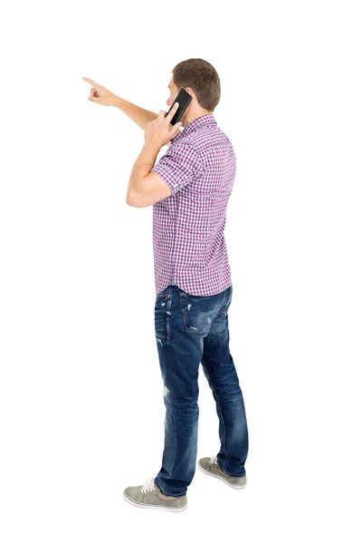 Baksidan på pekar unga män prata telefon — Stockfoto