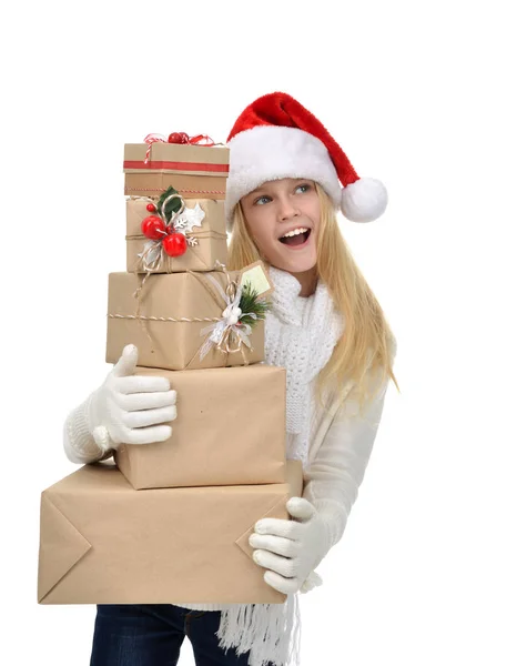New year concept teenage girl with Christmas presents gift boxes — Stock Photo, Image
