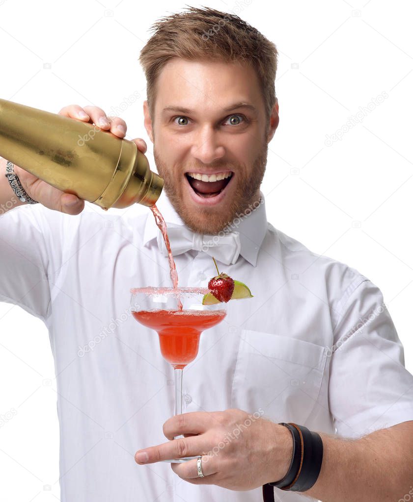 Bartender men is making red margarita cocktail happy smiling lau