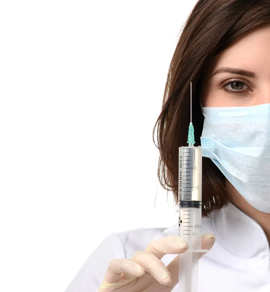 Médico o enfermero con aguja jeringa para inyección de gripe vaccinatio —  Fotos de Stock