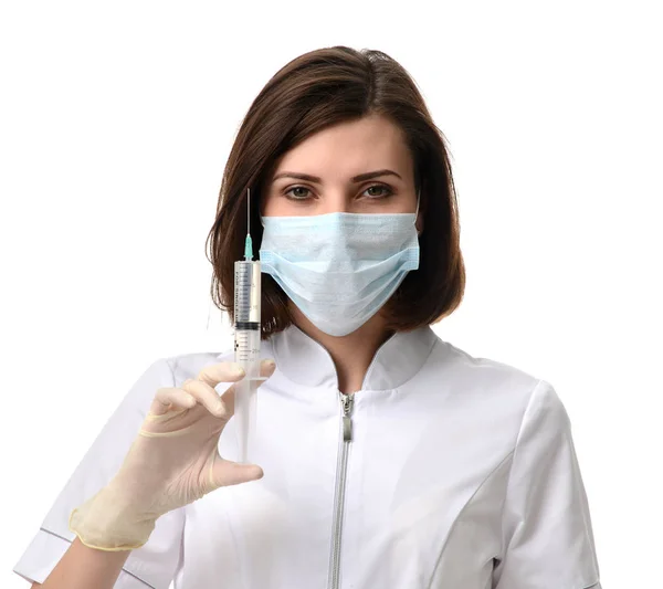 Doctor or nurse with syringe needle for flu injection vaccinatio — Stock Photo, Image