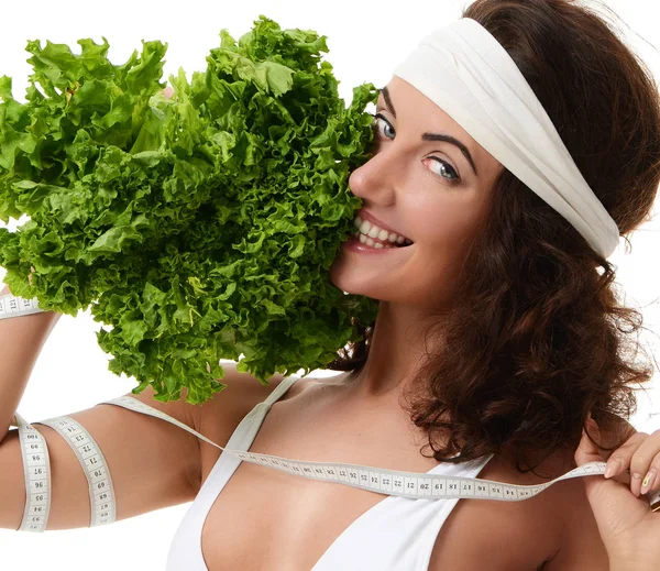 Concepto de alimentación saludable. Dieta. Mujer mantenga brócoli de lechuga y —  Fotos de Stock