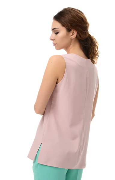 Brunetka kobiety stojącej do tyłu, pozowanie w nowej mody organizmie dres — Zdjęcie stockowe