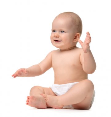 Bebek çocuk bebek kız yürümeye başlayan çocuk bezi seyir içinde çıplak oturan 