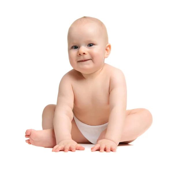 Infant child baby girl toddler sitting naked in diaper happy smi — Stock Photo, Image