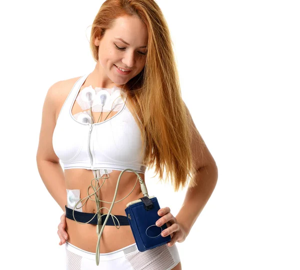 Woman medical test holter monitor device for daily monitoring — Stock Photo, Image