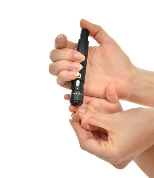 Diabetes concepto diabético pinchazo en los dedos para medir el azúcar de glucosa — Foto de Stock