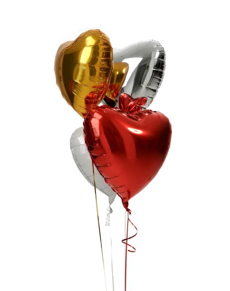 Kilka wielki biały czerwony srebro i złoto serce balony obiektów — Zdjęcie stockowe