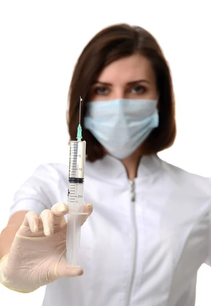 Doctor nurse with syringe needle ready  for flu injection vaccination concept — Stock Photo, Image