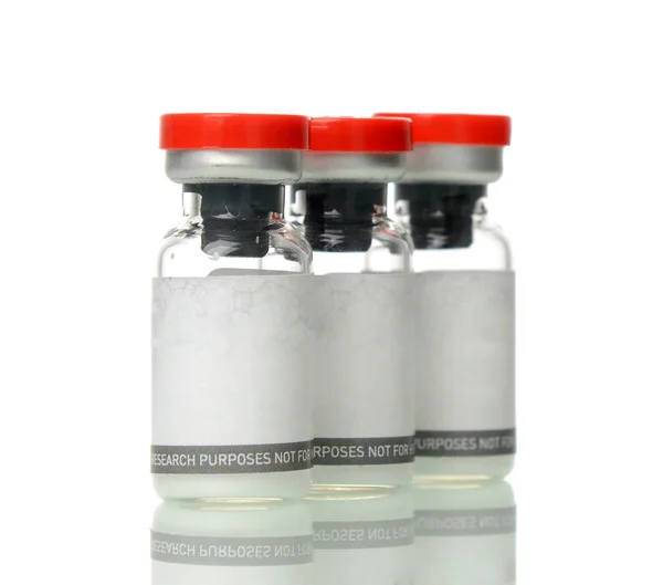 Glass vials for liquid samples. Laboratory equipment for dispensing fluid samples with text copy space — Stock Photo, Image