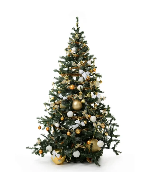 Weihnachtsbaum mit goldenem Patchwork-Ornament Kunststern Herzen Kugeln Glocken Geschenke für das neue Jahr isoliert — Stockfoto