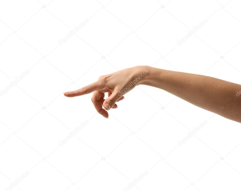 Woman hand pointing touching or pressing finger