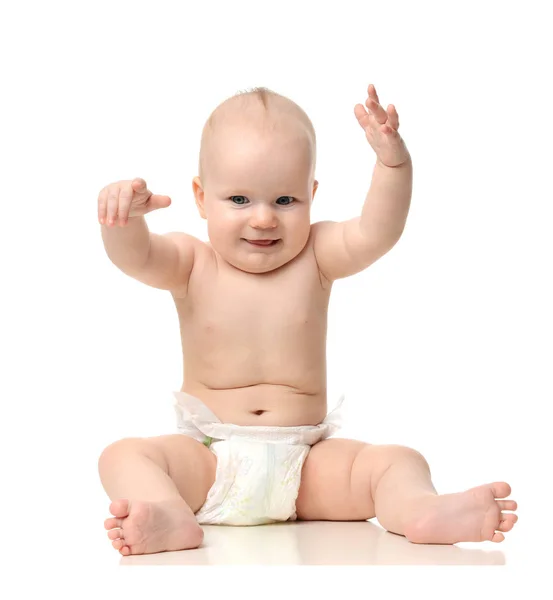 Infant child baby girl toddler sitting raise hands up — Stock Photo, Image