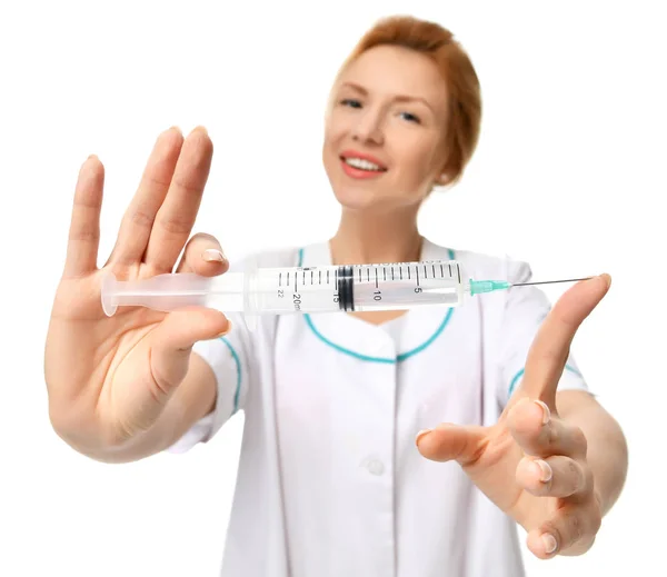 Doctor or nurse with big syringe needle for flu injection vaccination concept — Stock Photo, Image