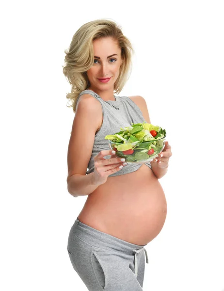 Beautiful pregnant woman hold organic salad. Pregnancy motherhood expectation healthy eating — Stock Photo, Image