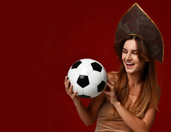 Ruusian style Fan sport woman player in kokoshnik hold soccer ball celebrating happy smiling laughing — Stock Photo, Image