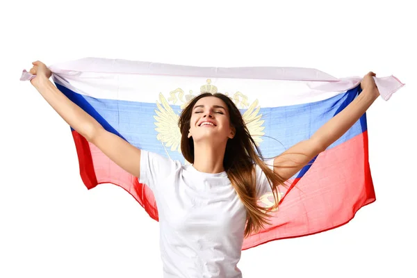 Happy russian soccer fan with national flag shouting celebrating or yelling — Stock Photo, Image