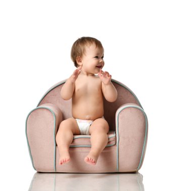 Infant child baby girl kid toddler in diaper  sit in little armchair chair  clipart