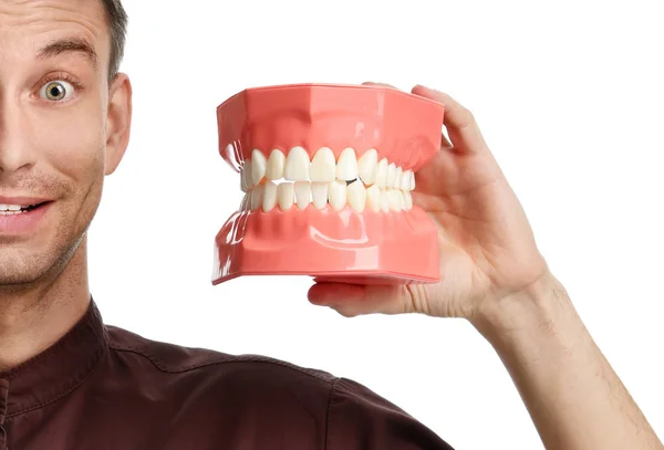 Dentysta lekarz duże zęby manekina zaskoczony — Zdjęcie stockowe