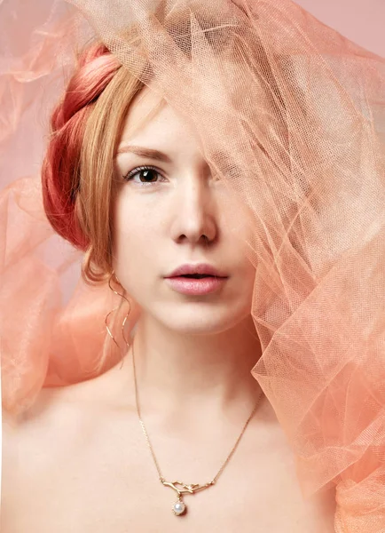 Close up portrait of beautiful red hair woman with expensive jewellery — Stock Photo, Image