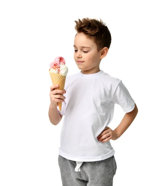 Малыш мальчик держать клубничное мороженое в вафельном конусе изолированы — стоковое фото