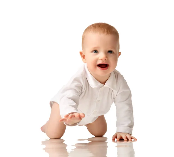 Infant baby boy toddler try to crawl happy smiling isolated — Stock Photo, Image