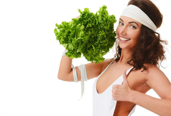 Nő feltartani friss saláta saláta és mérőszalag boldog mosolygó találat remek elszigetelt fehér — Stock Fotó